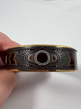 Vintage Michaela Frey Bangle Enamel Black & Gold Tone Geometric Signed Branded